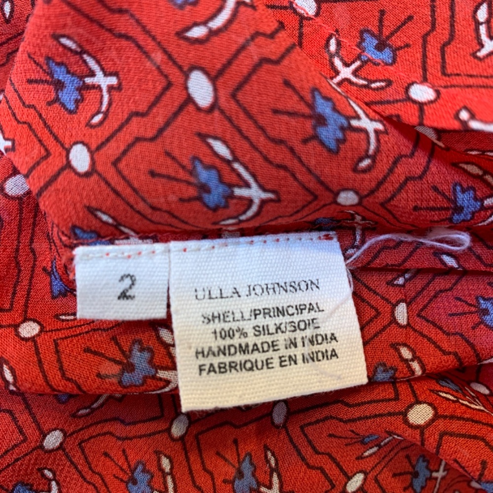 Ulla Johnson Silk Ruffle Top Blouse Womens Size 2 Red Floral Tassel Tie Sheer - Picture 5 of 14